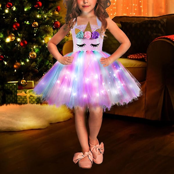 Lasten Loistavat Yksisarvisen Puku Lapsille Värikäs Led-valo Paillette Syntymäpäiväjuhlat Meot Glitteri Prinsessa Cosplay Pukeutuminen 10T 10T White Light White