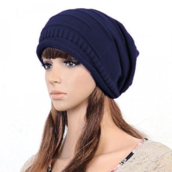 Kvinna Stickad Slouchy Hat Beanie Winter Ski Hat - lager Navy