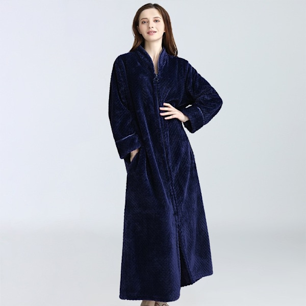 Lynlås Morgenkåbe til Kvinder Flanel Fleece Robe Vintervarm Huskjole Natkjole Blå L Navy Blue