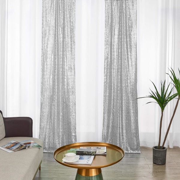 2×8Ft-2Pcs Silver Sequin Backdrop Curtains Panels, Photography