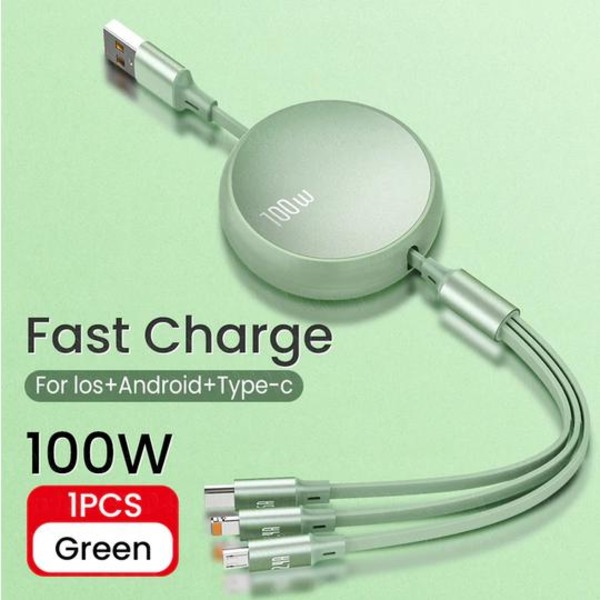 3-i-1 Indragbar kabel - Lightning, USB-C, Micro USB Grön M Green m