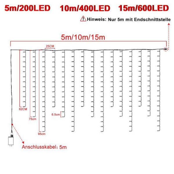 LED-fryssregnljusslinga 15 m, 8 tilaa, IP44 vedenkestävä ulkokoristeluun ja sisätiloihin juhliin, lämmin valkoinen