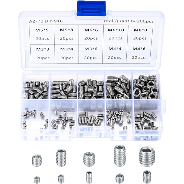 200 stk. rustfrie stålskruer M3 M4 M5 M6 M8 Maskinskruer Sortiment Punch Skruv Fixing Kit Sunmostar