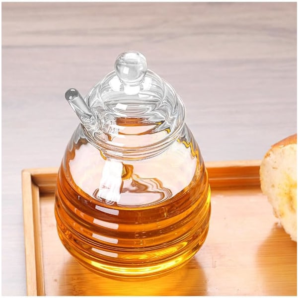 500 ml / 6,9 oz honningkrukke med dipper, glasburk til honning og dipper-sæt, honningdispenser, bikube honningkrukke til opbevaring af honning og sirup Wood