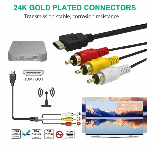 HDMI til 3RCA-kabel, 5ft/1,5m HDMI hann til 3-RCA video lyd AV-kabel