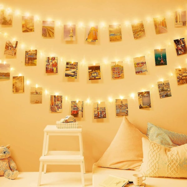 100 LED-foto 50 klämma ljusslinga, 10m ljusslinga, varm vit