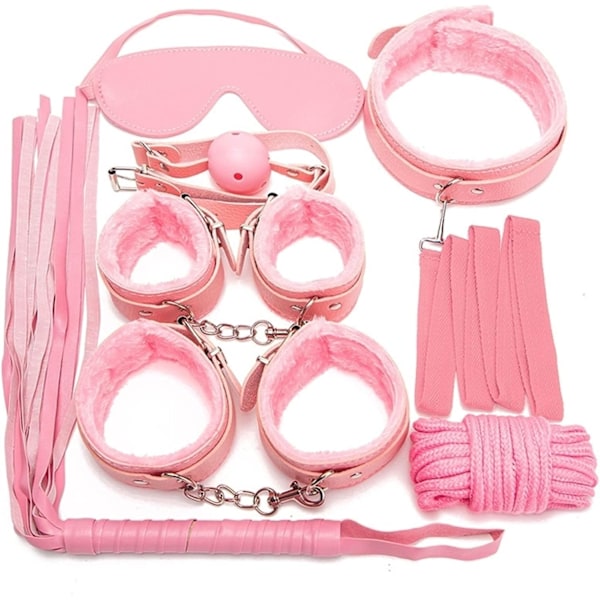 7-delars set läderbondage-kit för vuxna - handbojor/piskor/bollgag/rep/halsband
