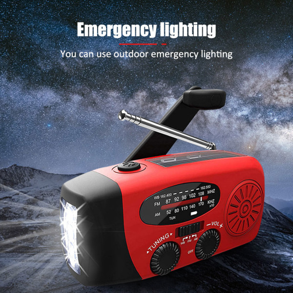Solcellsdriven vattentät vevradio med Powerbank, svart röd red