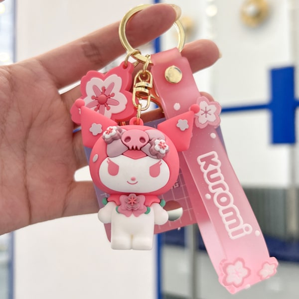 Rosa Sakura tecknad nyckelring, Kawaii söta nyckelringar väska charm armband armband hello kitty