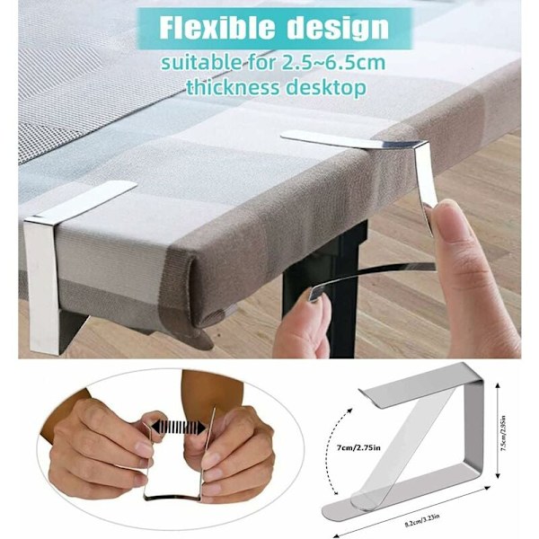 Dukkeklemmer, 12 stk. Store 8 x 7 cm dukkeklemmer i rustfrit stål til fester, haveborde udendørs, til skrivebord tykkelse 2,5 til 6,5 cm, sølv
