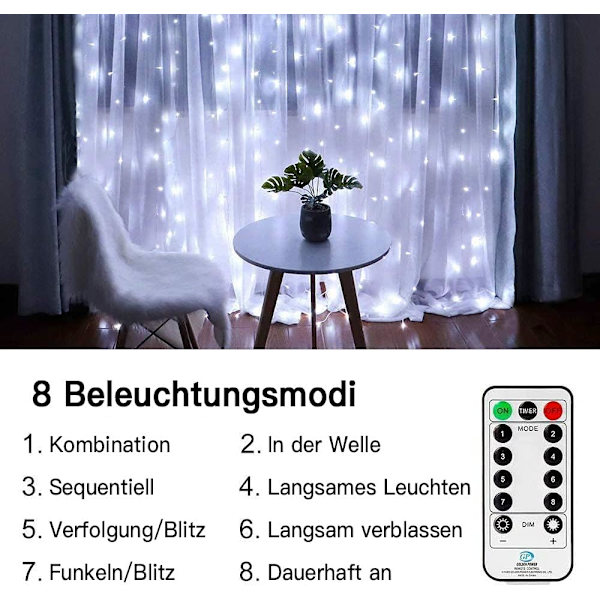LED-ljusgardin 300 LED-slingljusgardin med fjärrkontroll och timer 8 lägen Slingljusgardin för utomhus inomhus juldekoration 3M