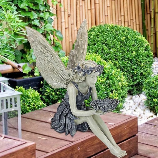 Siddende Fairy Garden Staty Figur Engel Ornament Have Skulptur Kunstig Sten Landskabspleje 14,8*8*14cm