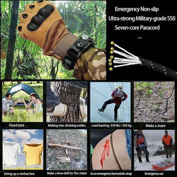 Selviytymisparacord-ranneke, tulen sytytin, vedenkestävä SOS-valo, kompassi, pilli, 20 in 1, Ulkoilun Ultimate Tactical Survival Gear Set, Go