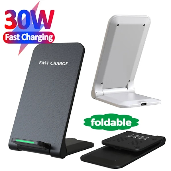 30W Trådlös Snabbladdare för iPhone 15 14 13 12 ProMax 11 Stativ Snabbladdare för Samsung Note 20/10 S21 Ultra Vikbar White