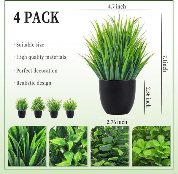 4-pack Artificial Plants - Small Fake Plants in Black Pot for Halloween, Bathroom, Home, Kitchen, Table & Office Decoration-FA-