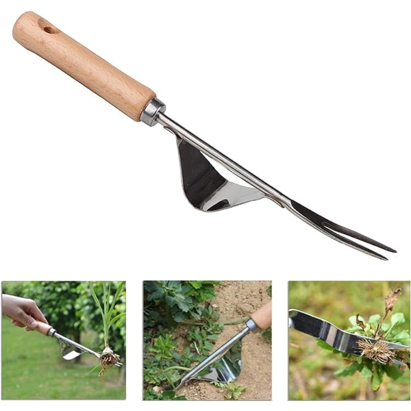 Handheld Weeder Stainless Steel Root Weeding Fork Wooden Handle