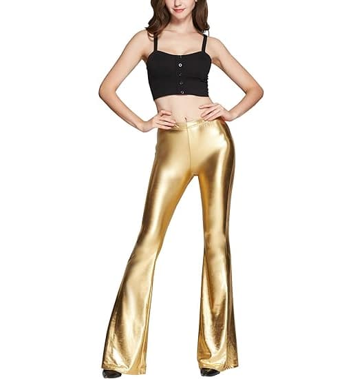 Dam Glänsande Metalliska Paljett Hög Midja Stretchiga Utsvängda Byxor Guld-FA- Gold L
