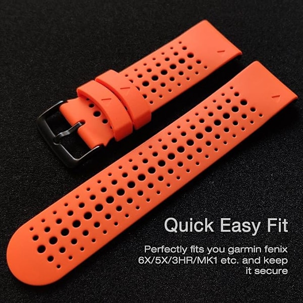 QuickFit 26 mm silikon myk sports vanntett pustende armbånd for Garmin Fenix 5X Plus, Fenix 6X Pro/safir, Enduro, Tactix Bravo Orange-svart