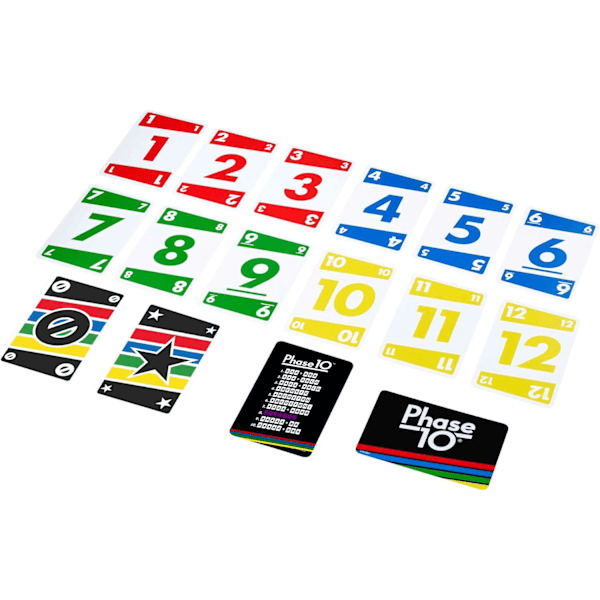 Mattel Games Phase 10 korttipeli, rummy-tyylinen sekvenssipeli, sisältää 108 korttia, kotikäyttöön.
