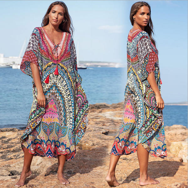Kvinnors etniska tryckta strandkjol Bikini Overshirt