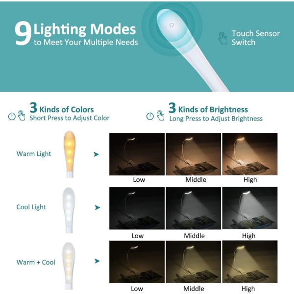 Leselampe, oppladbar LED-leselampe, 360° fleksibel hals