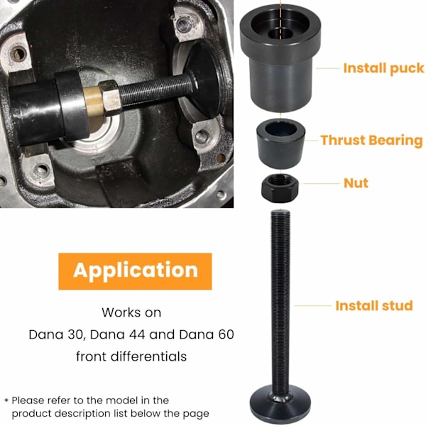 Verktyg för montering av inre axeltätning för Dana 30/44/60 främre och bakre differentialer för Chevrolet/GMC/Dodge/Ford/Jeep/ Volvo