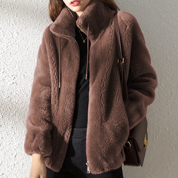 Dam Fleece Fluffig Teddybjörnjacka Enfärgad Fickjacka Ytterkläder Brun XL Brun