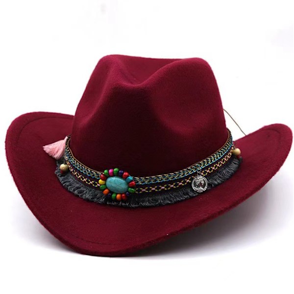 Mode Western Cowboyhat med Filtkepsar med Roll Up Brätt dark red