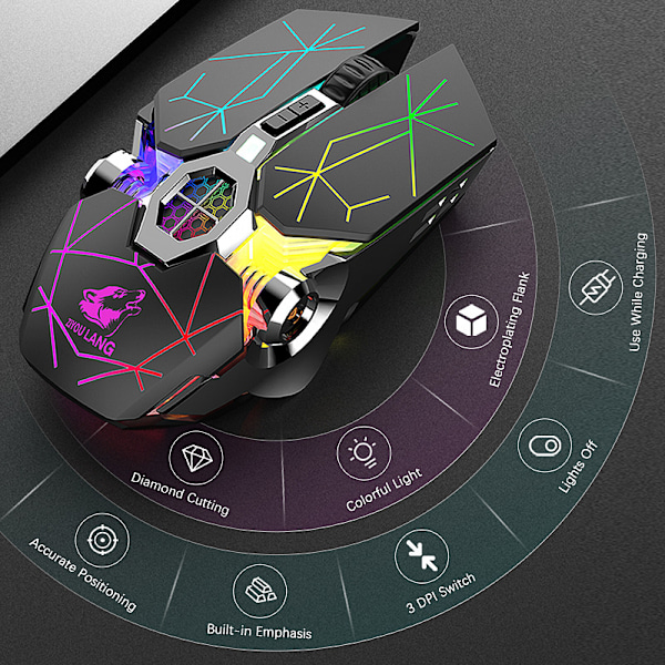 Bluetooth trådlös Dual Mode Laddning Gaming Mus Tyst vattenkylning Upplyst mekanisk mus, USB trådlös mus med 6 knappar 6 utbytbara