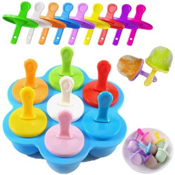 Silikon Popsicle - Mini 7-håls DIY Ice-pop form med färgglada pinnar Återanvändbar non-stick mat Graderad