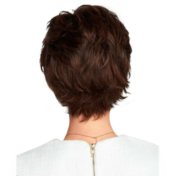 Mörkbrun kort peruk för dam, fluffig, lätt lockig, neutral cosplay