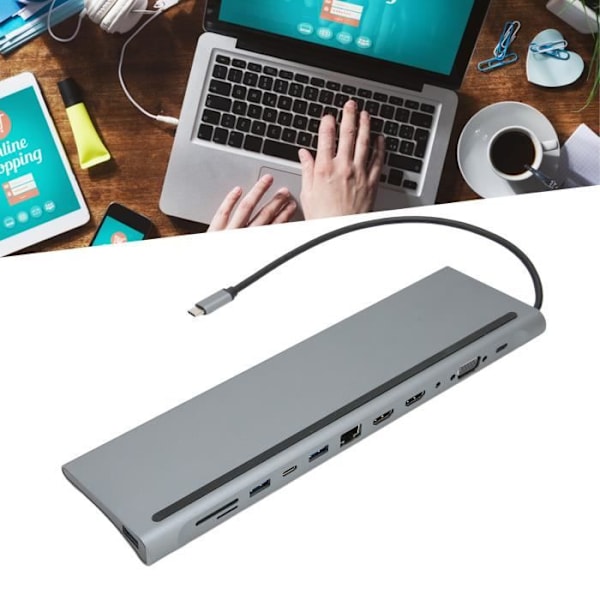 HURRISE 12 i 1 USB C-hub med 4K HDMI-porte, RJ45 Ethernet, USB 3.0, kortlæser, PD-opladning