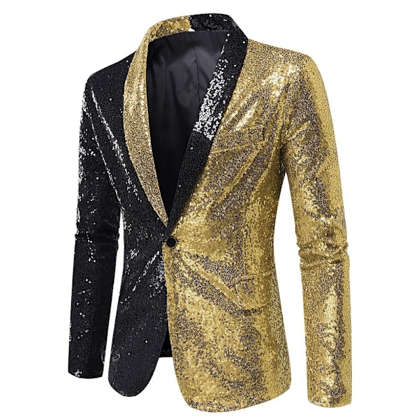 Sequin Glitter Blazer for menn En knapp spisskrage Smokingjakke svart og gull black and gold XL