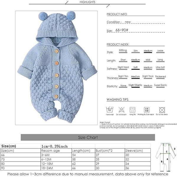 Nyfödd Baby Öronhuva Stickad Romper Jumpsuit Värmare Snödräkt för Pojkar Flickor Ljusblå 73cm Light Blue 73 cm