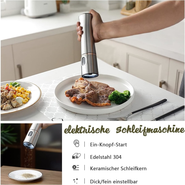 Elektrisk peberkværn, rustfrit stål krydderikværn, peber, salt