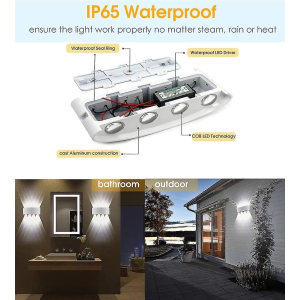 8W LED vegglampe - innendørs utendørs vegglampe IP65 justerbar opp og ned veggbelysning hvit for hjem soverom stue hall trapp