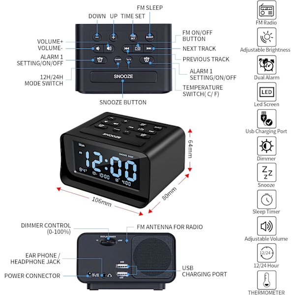 Klokkeradio med dobbel alarm, digital vekkerklokke med 2 USB-ladeporter, 0-100 % dimbar, justerbart volum, innendørstermometer（svart）