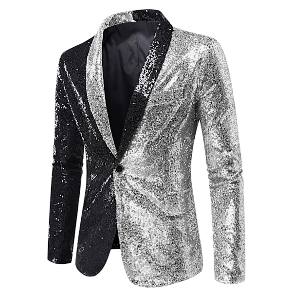 Sequin Glitter Blazer för män One Button Peak Collar Tuxedo Jacka black and silver