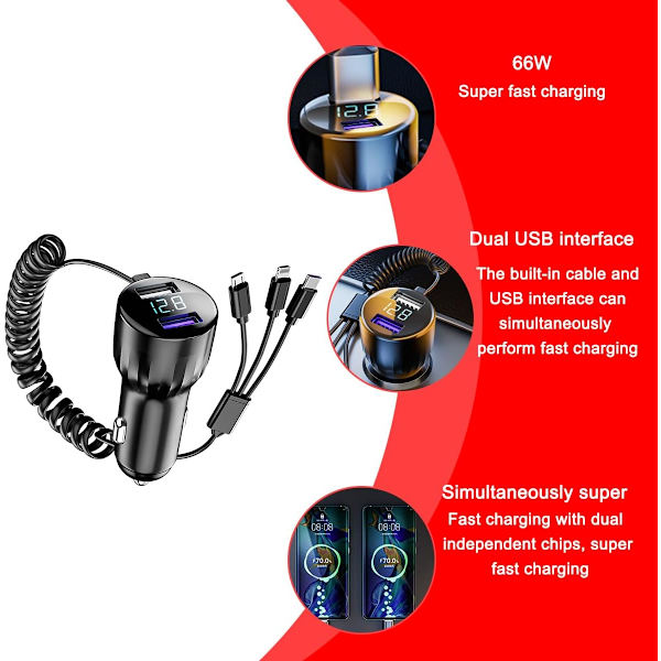 100W 3-Port USB billader med kabel, hurtiglading for Android og iPhone-FA-