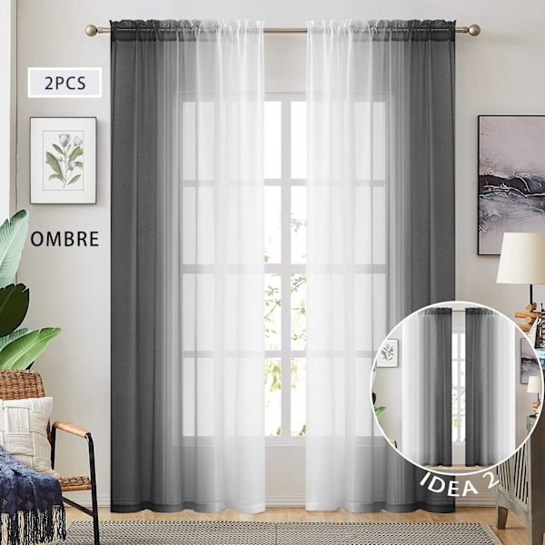 Svart Ombre Faux Linne Genomskinliga Gardiner för Sovrum Vardagsrum
