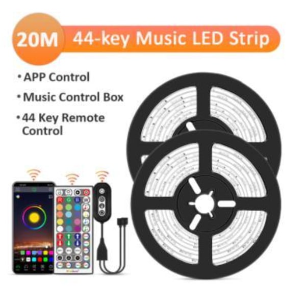 20M - 44-tasters musikkontrollert LED-stripe - APP-kontroll - Musikkontrollboks MultiColo multicolor 20m 44key music led strip 30led/m