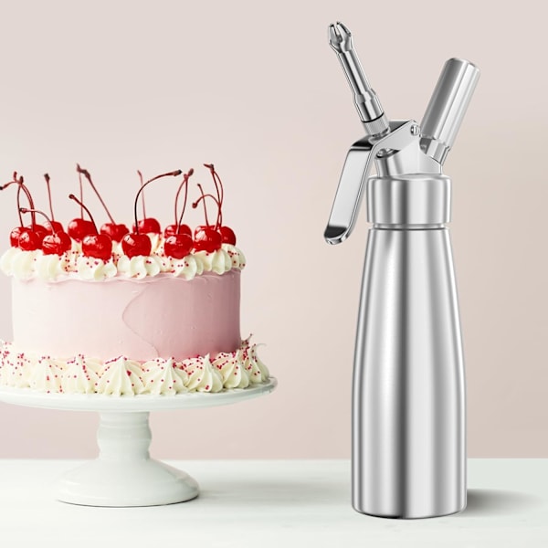 250 ml flødeskummer, flødeskumsprøjte, aluminium, med 3 dekorative rustfri ståldyser, 1 rengøringsbørste 250ml