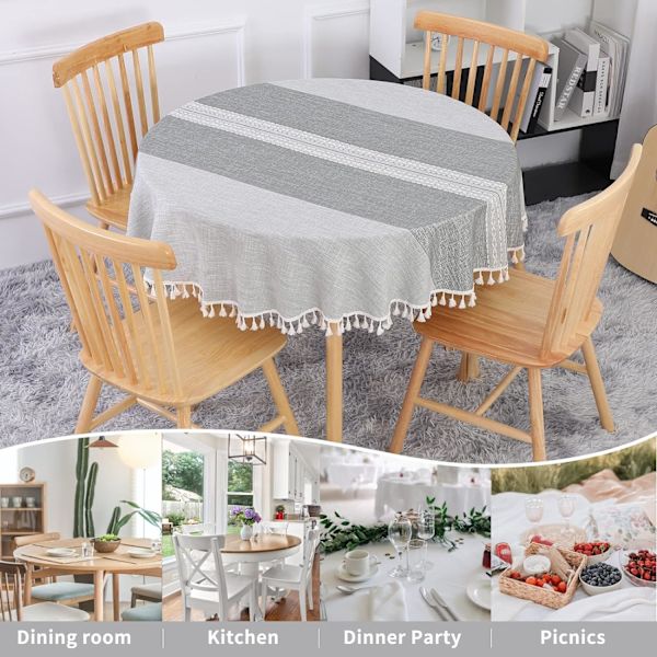 Rund bordsduk 140cm Grå Tvättbar Linne & Bomull Duk Fläckbeständig med Tofs, Randig Broderi för Födelsedag, Bröllop, Kaffe Bord