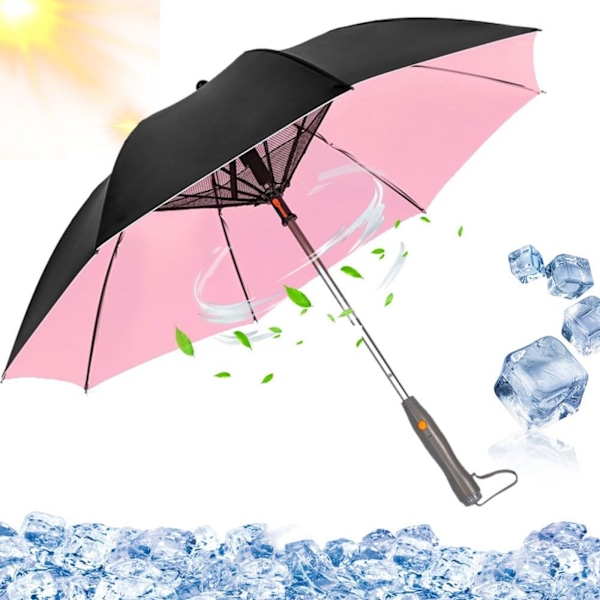 UV-suojattu sateenvarjo tuulettimella, 3-in-1 sateenvarjo tuulettimella ja sumuttimella, aurinkovarjo, USB-ladattava, hiekalle, matkoille Pink