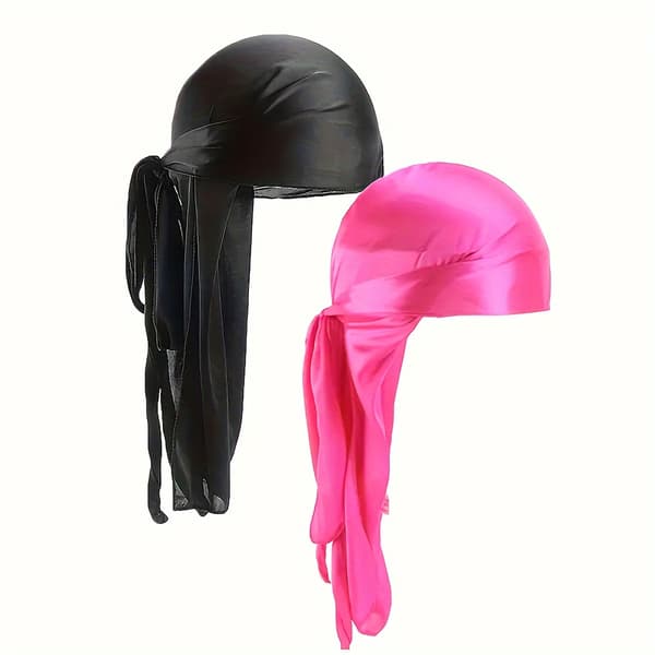 2-pak strikket polyester Durag pirathat med ekstra lang hale 2pcs/set Black+Silver
