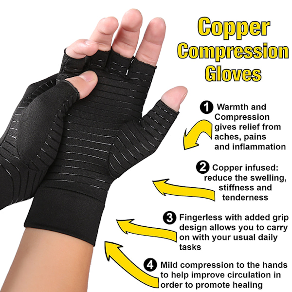 Anti-gigt kompression handsker kobber fingerless smertelindring M