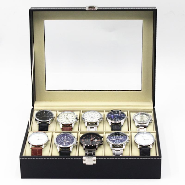 Watchbox Klockbox 10 kellolle ikkunalla, musta valkoisella ompeleella black 1010