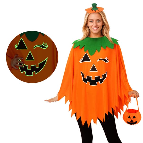 Halloween græskar kostume til kvinder, 3-delt sæt med hat og slikpose