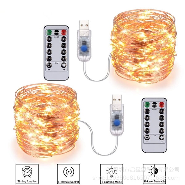 Långvariga 5m 10m 20m LED-ljusslingor med fjärrkontroll USB-drivna Strängljus Nyårs- och Juldekorationer för hemmet Julbelysning vit white 10M 100LED