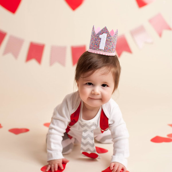 Regnbuekrone til 1. fødselsdagsfest - Glitter fødselsdagskrone, børnefødselsdagshuer, babyfødselsdag fotorekvisitter, krone